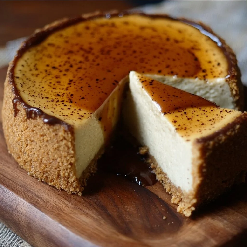 Slice of Vanilla Bean Brown Butter Cheesecake topped with caramel drizzle