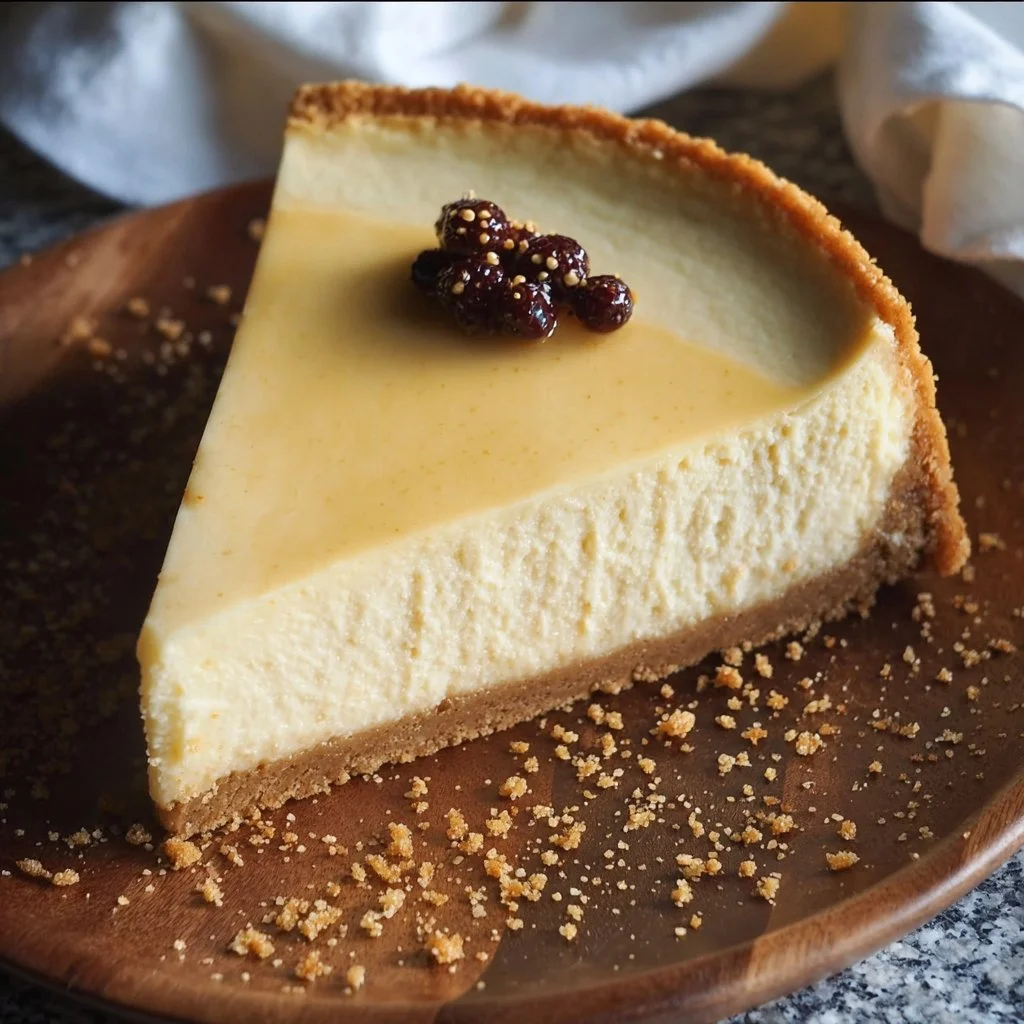 Slice of vanilla bean brown butter cheesecake on a white plate with berry garnish