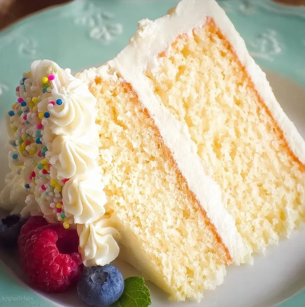 Delicious vanilla cake with creamy vanilla buttercream frosting on top.