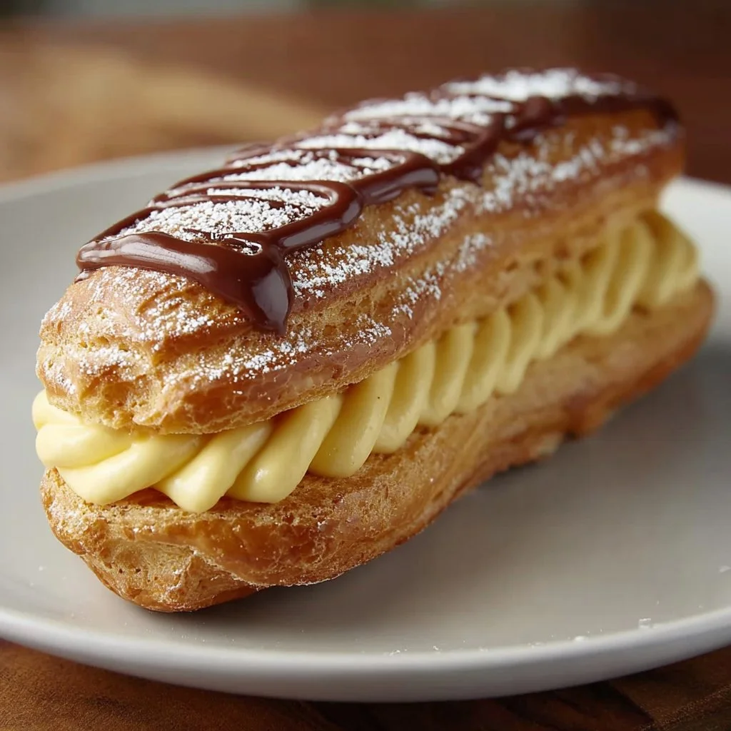 A delicious vanilla éclair with creamy filling and chocolate glaze.