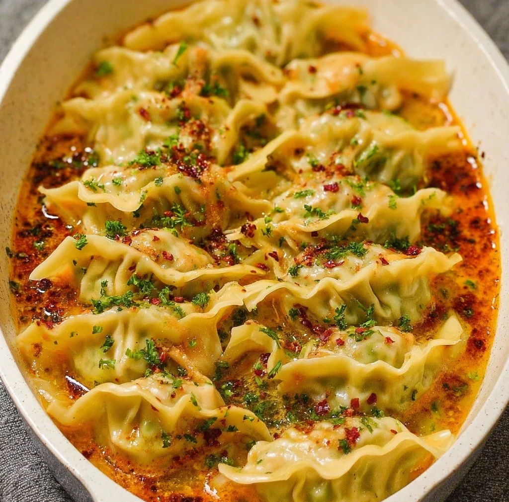 Delicious Trader Joe's Dumpling Bake served in a dish, featuring golden dumplings and sauce.