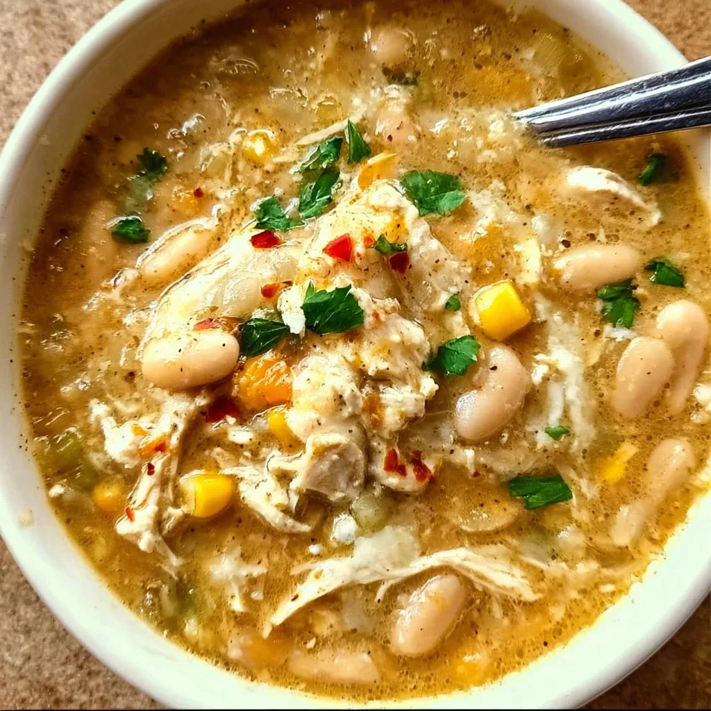 A bowl of creamy white chicken chili topped with cilantro and jalapeños.