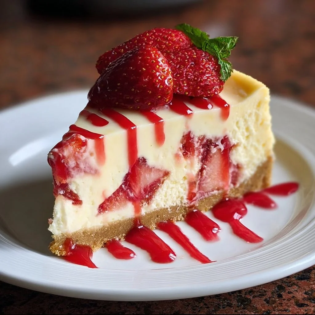 Delicious slice of white chocolate strawberry cheesecake topped with fresh strawberries