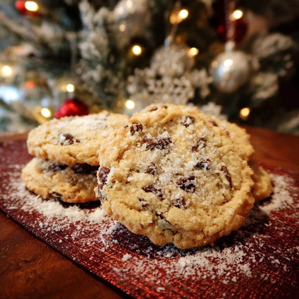Delicious Winter Wonderland chocolate chip cookies stacked on a plate
