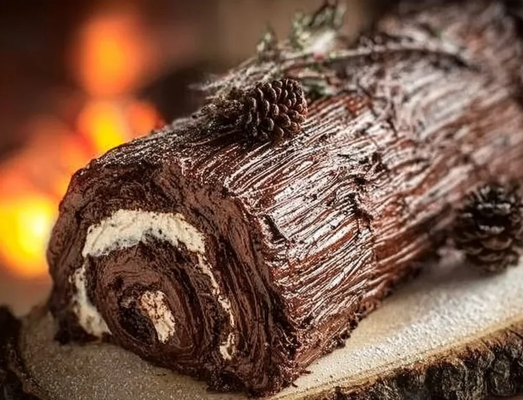 Delicious Yule Log cake decorated for the holiday season