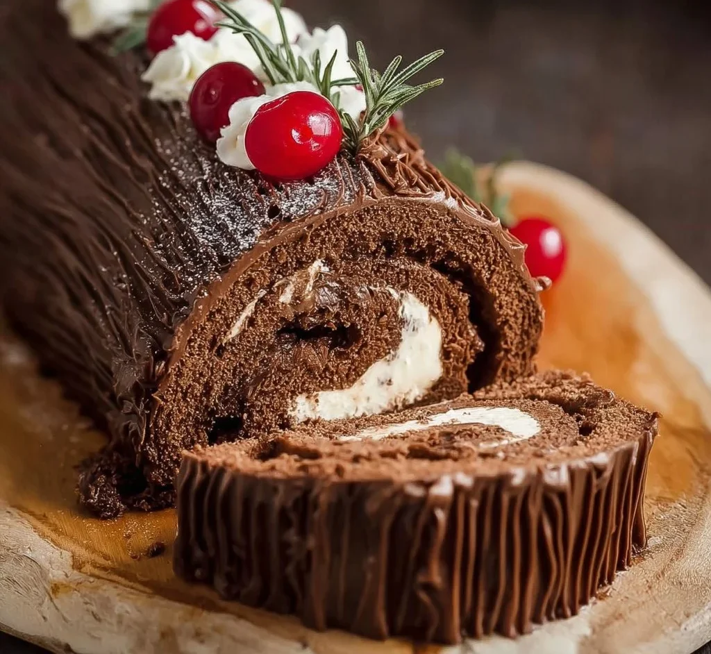 Decorative Yule Log Cake adorned with festive icing and chocolate decorations.