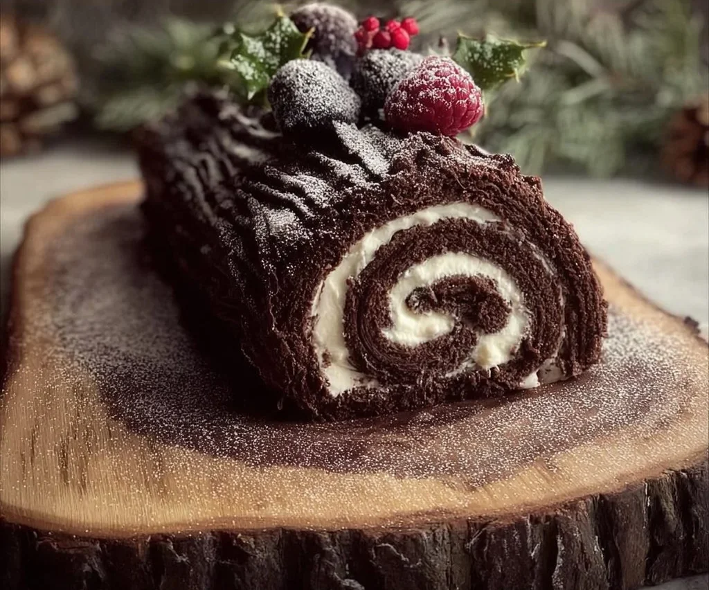 Delicious Yule Log Cake decorated for the holidays