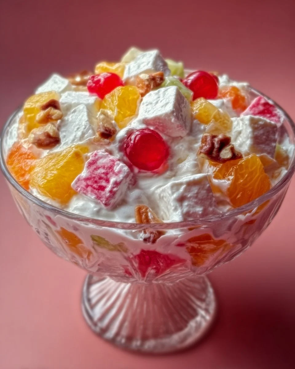 A bowl of Ambrosia Salad with fruity ingredients and fluffy marshmallows.