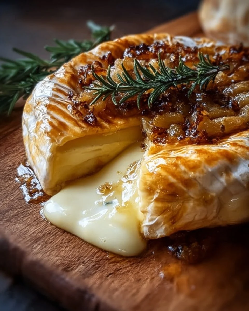 Deliciously melted Baked Brie with nuts and fruit on a wooden platter