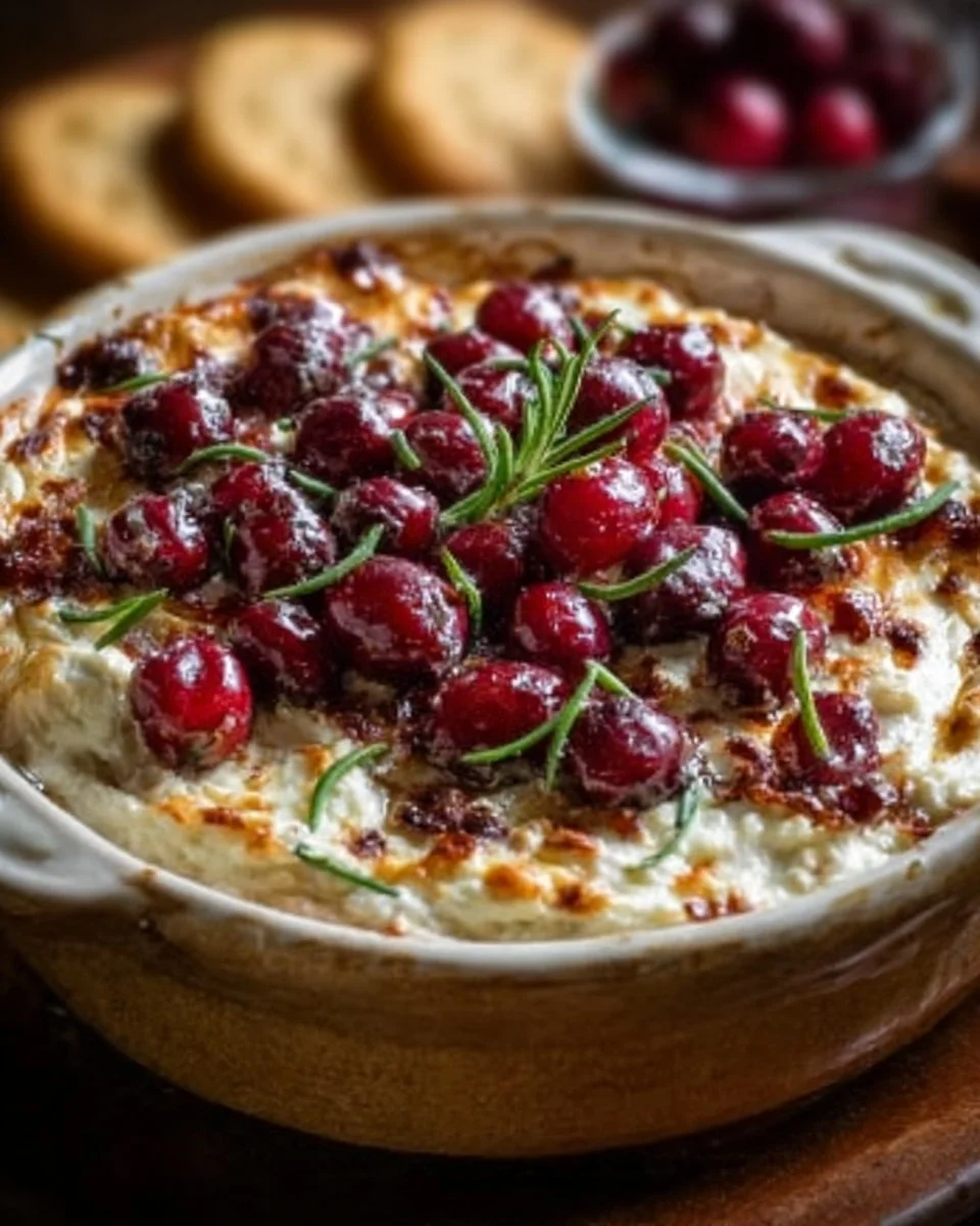 Baked Cranberry Cream Cheese Dip served in a dish, garnished with herbs.