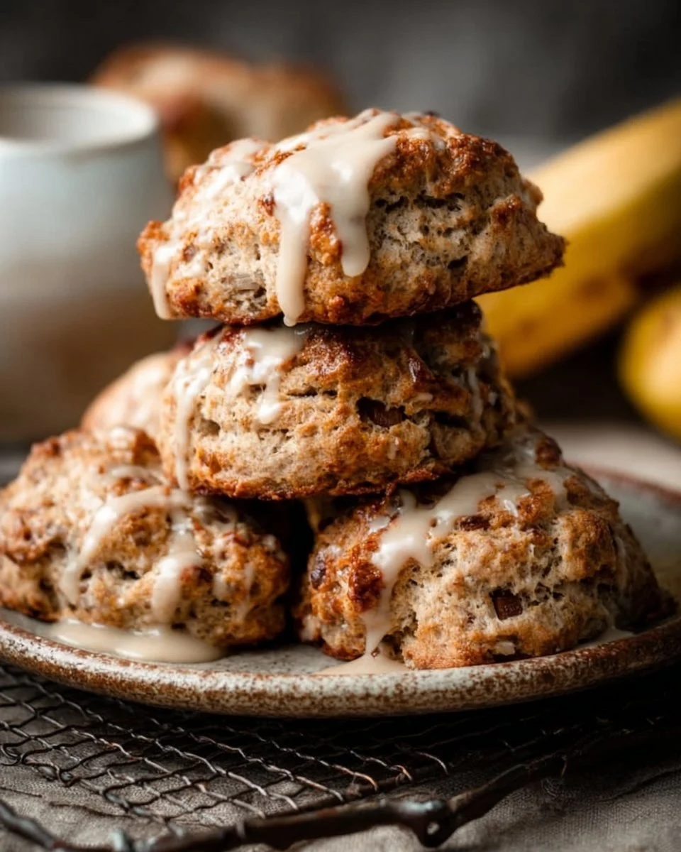 Freshly baked banana nut scones with nuts and ripe bananas on a wooden table
