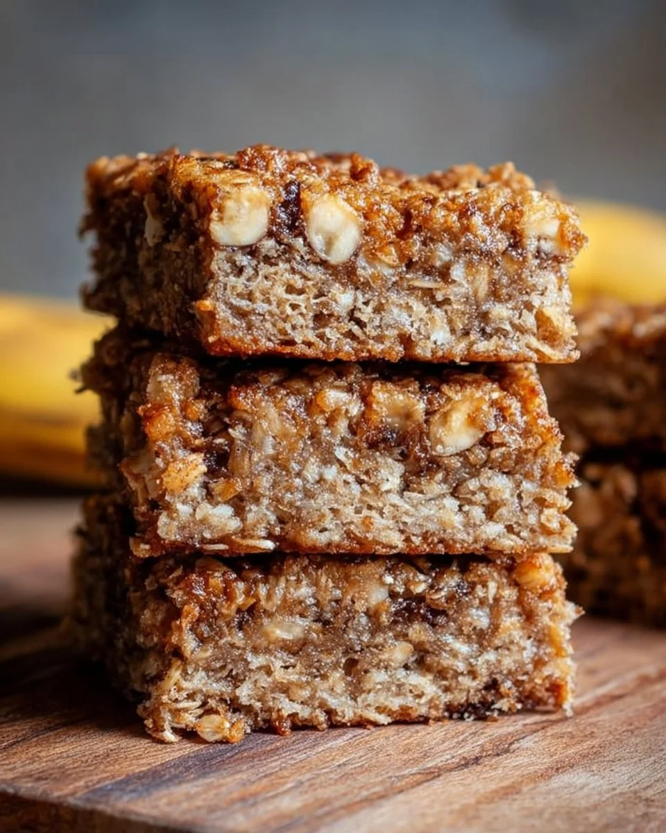 Homemade banana oatmeal bars with nuts and chocolate chips on a wooden table