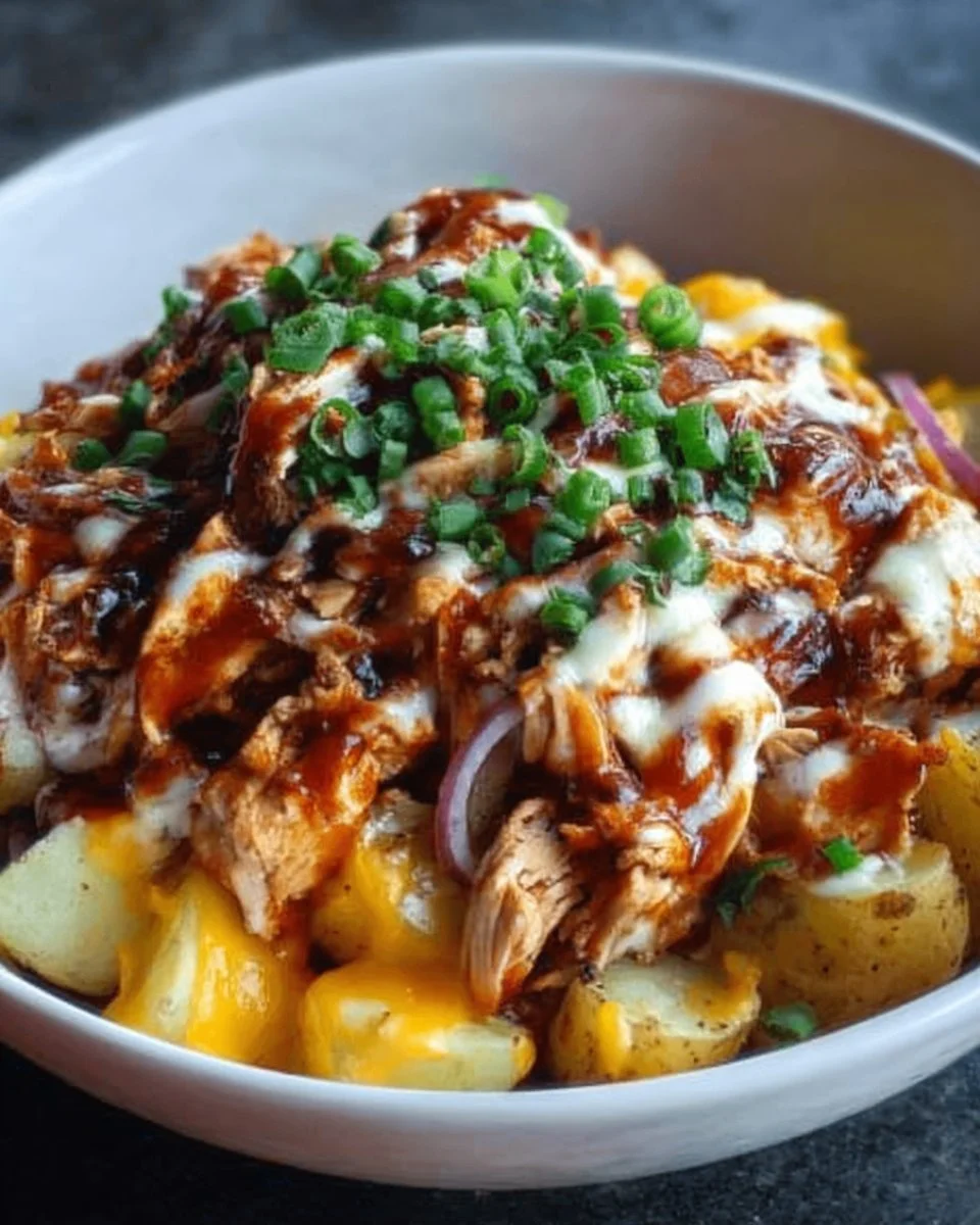 BBQ Chicken & Cheesy Potato Power Bowl with vibrant ingredients