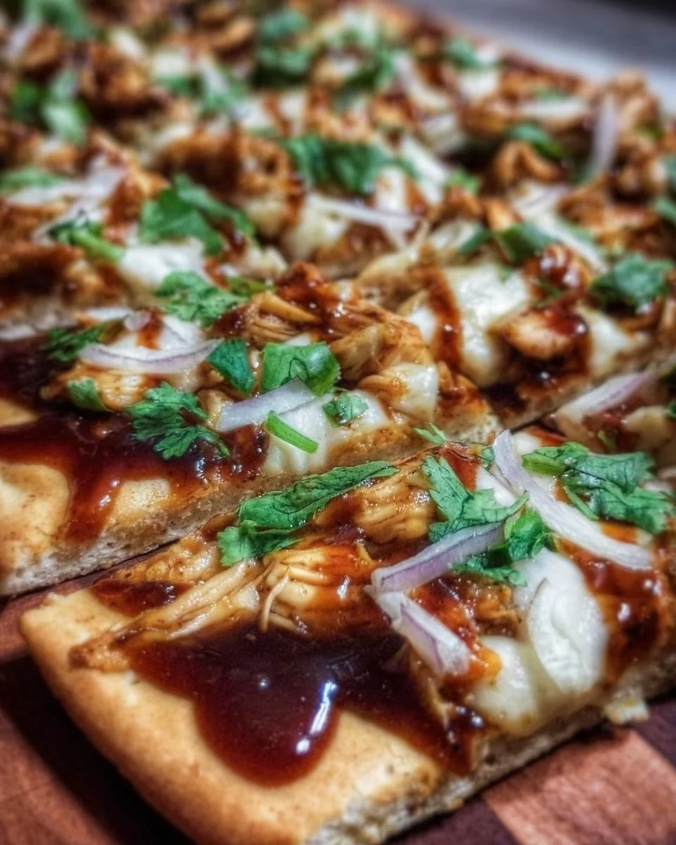 Delicious BBQ chicken pizza on flatbread topped with cheese and onions.