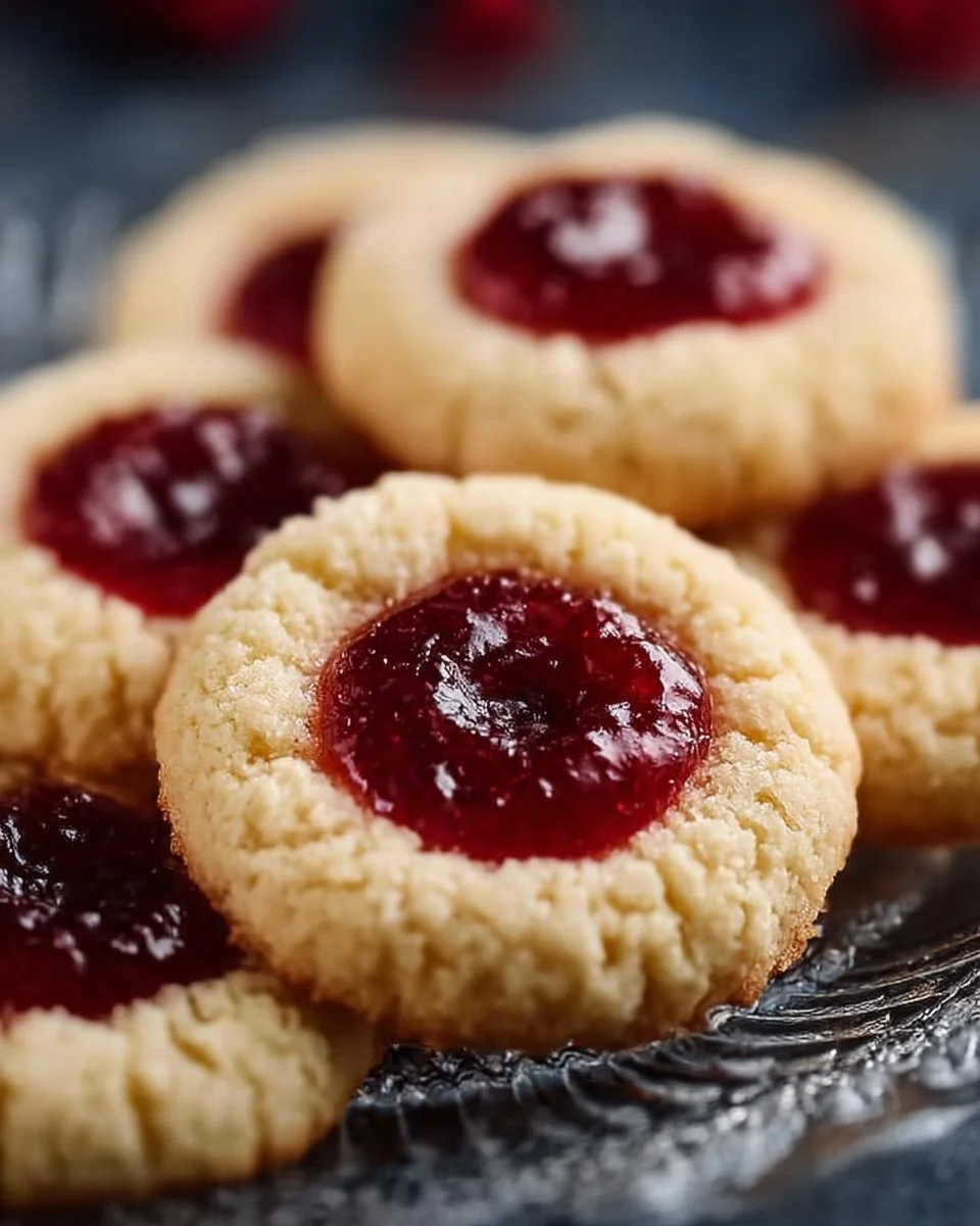 Delicious Christmas thumbprint cookies topped with colorful jam and festive sprinkles