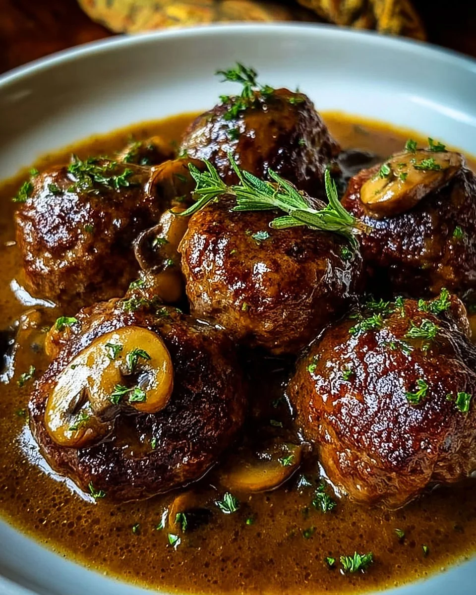 Salisbury steak meatballs topped with rich mushroom gravy on a plate