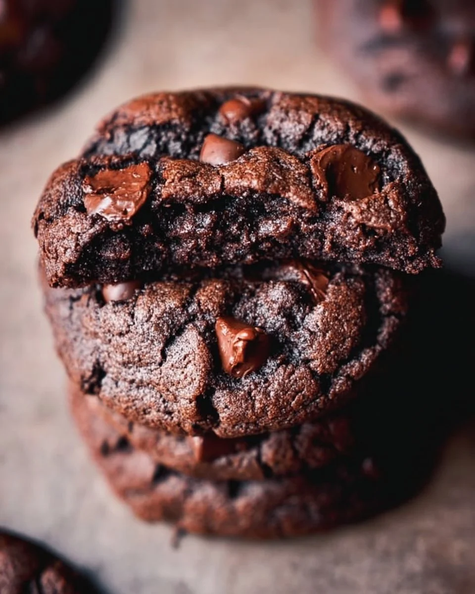 Soft and chewy double chocolate chip cookies on a baking tray