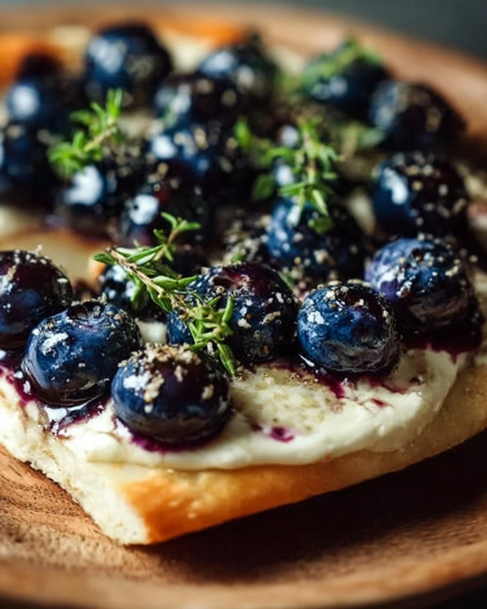 Blueberry Brie Flatbread with thyme garnish, showcasing creamy brie and fresh blueberries.