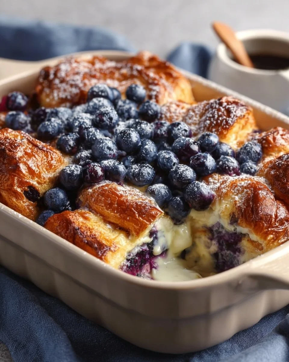 Blueberry cream cheese croissant casserole baked to perfection.