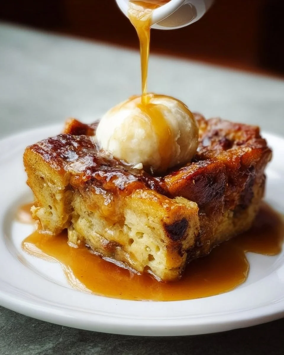 Delicious bread pudding with butter rum sauce served on a plate