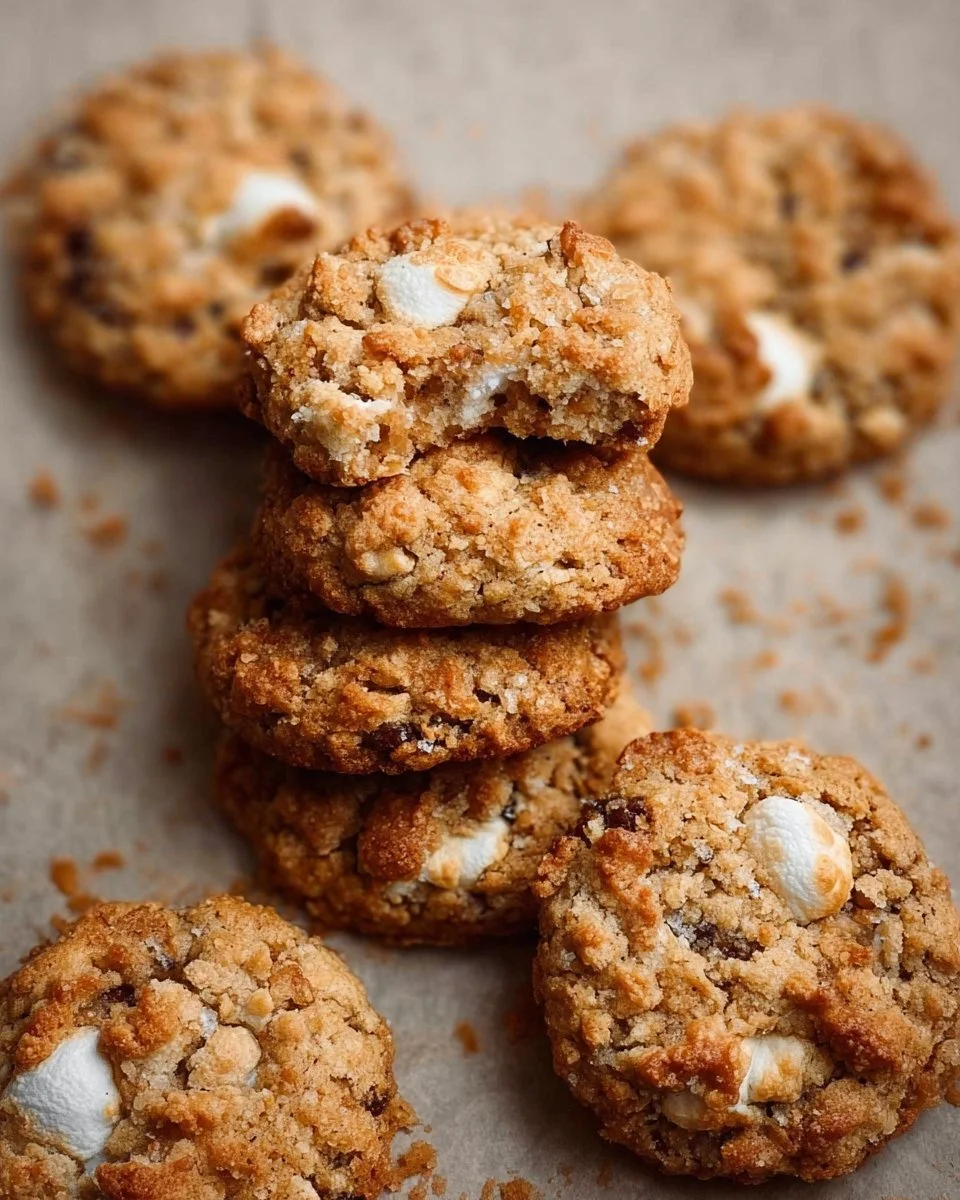 Freshly baked brown butter marshmallow crispy cookies on a cooling rack.