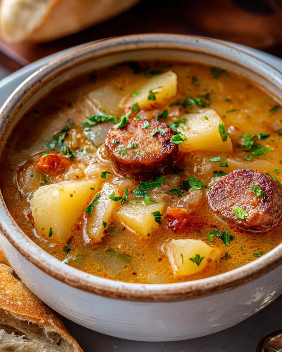 Bowl of flavorful Cajun Potato Soup topped with green onions and cracker