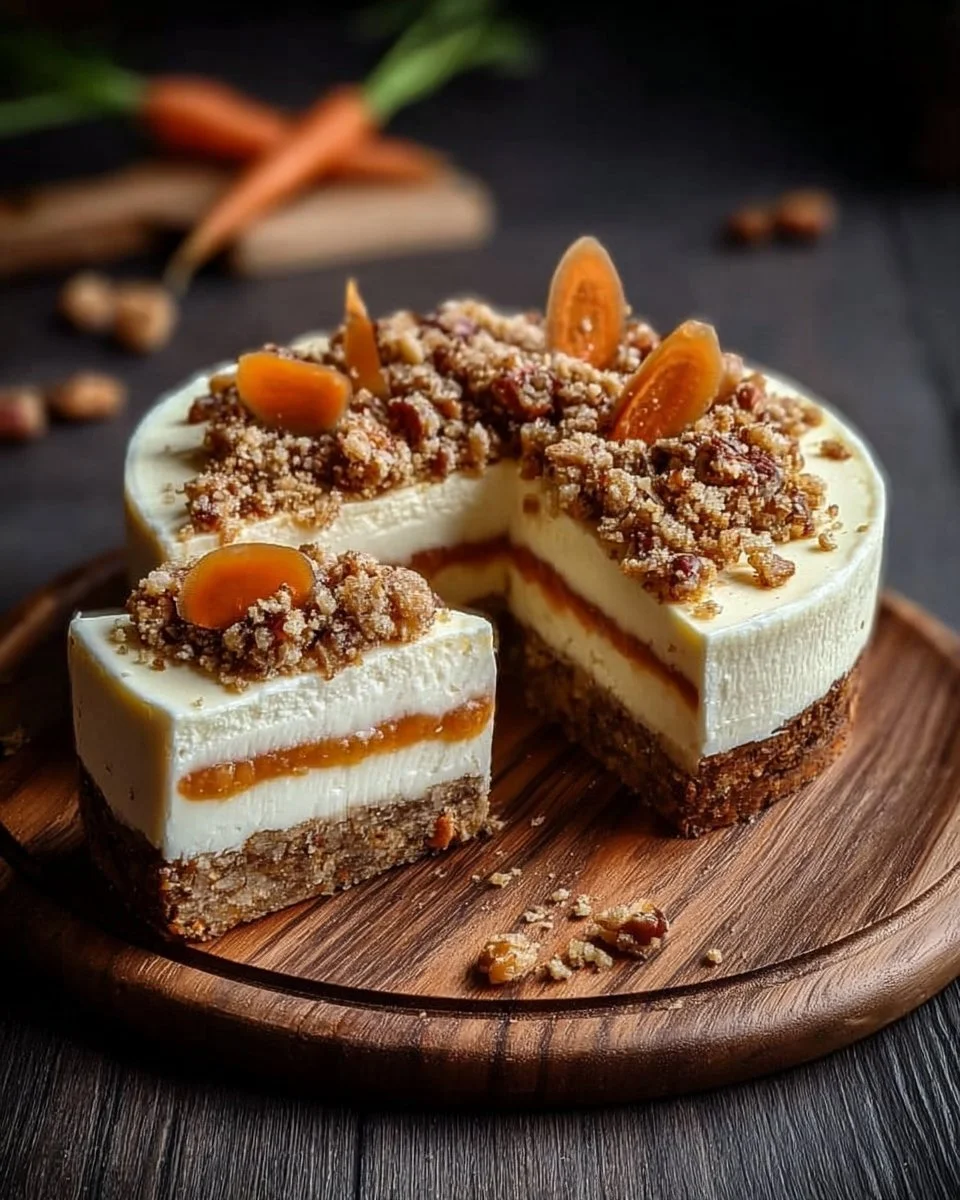 Delicious Carrot Cake Cheesecake with creamy frosting and carrot toppings