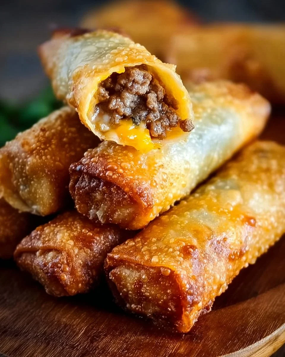 Crispy cheeseburger eggrolls filled with beef and cheese, served with dipping sauce.
