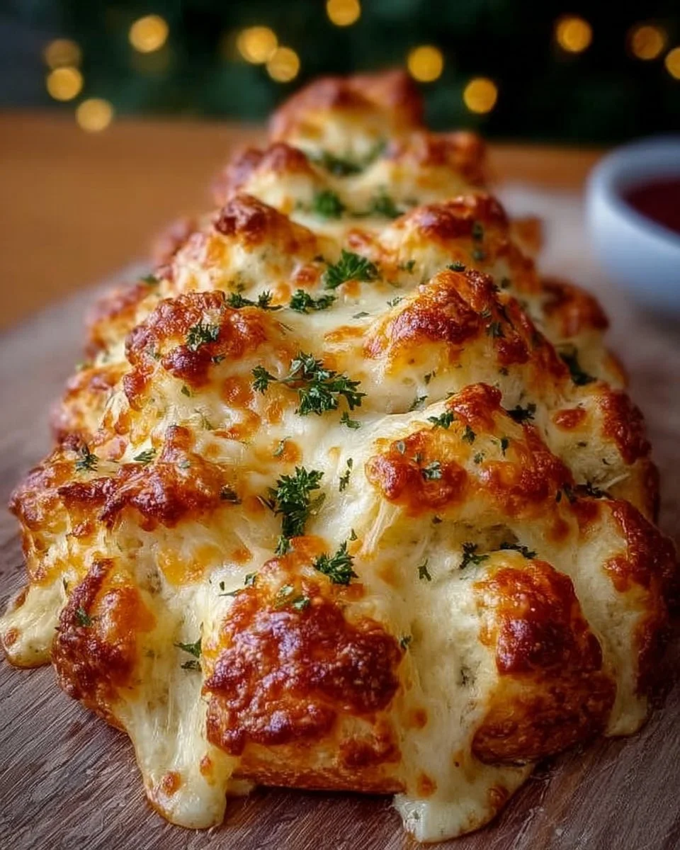 Cheesy Christmas tree bread shaped like a festive tree, perfect for holidays.