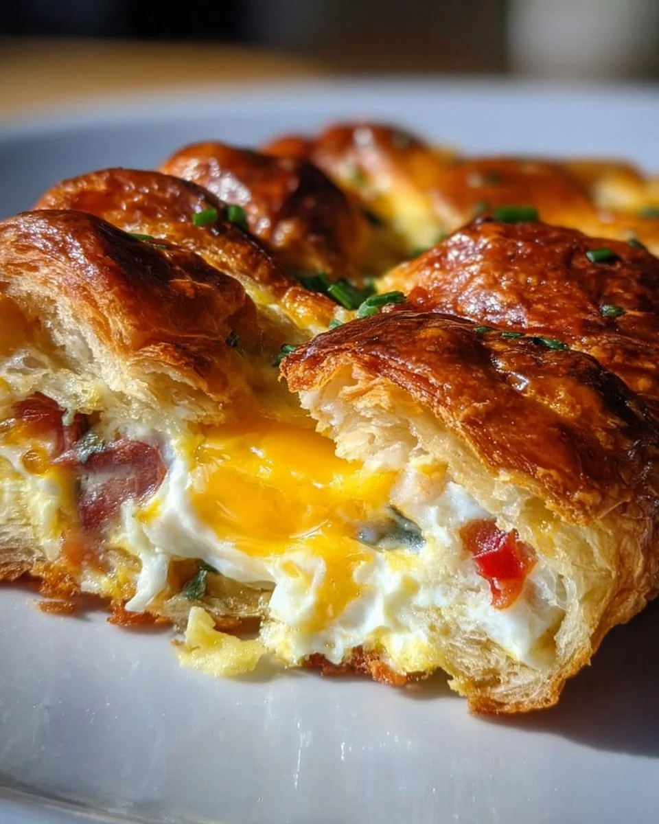 Cheesy croissant egg bake topped with melted cheese and fresh herbs