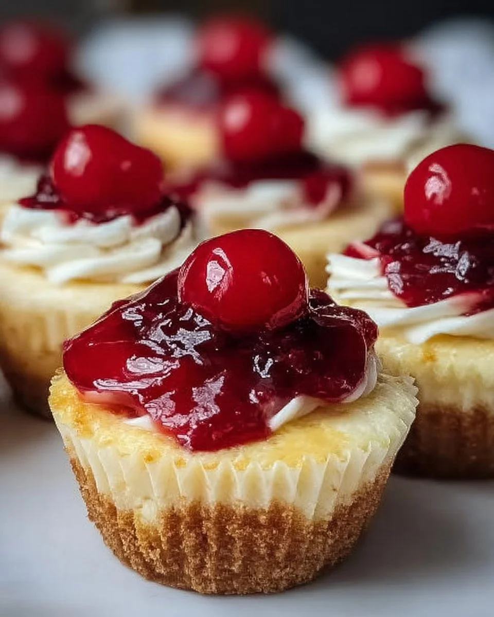 Delicious Cherry Cheesecake Cupcake Bites topped with cherries and cream cheese frosting