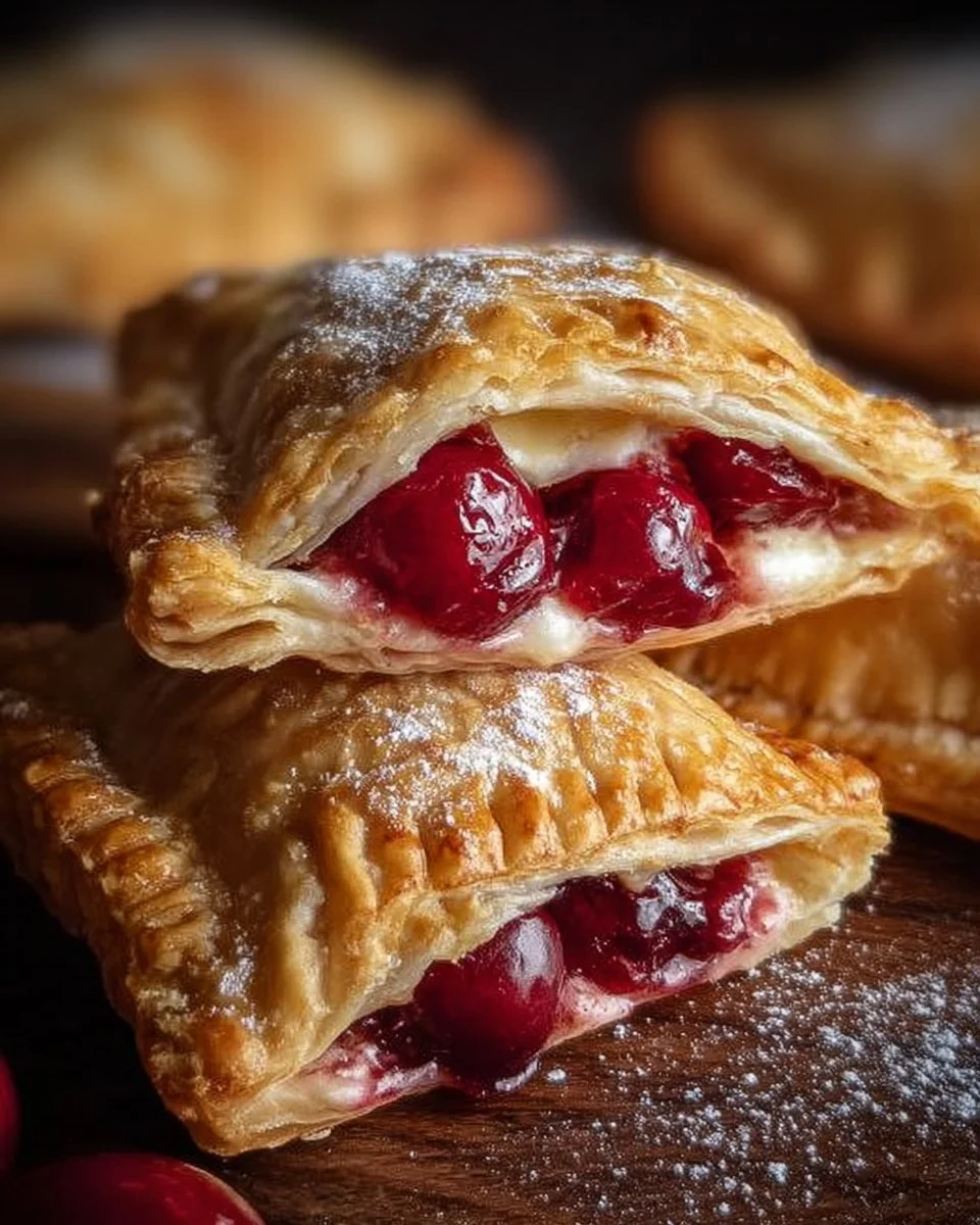 Homemade Cherry Cheesecake Hand Pies on a plate, garnished with cherries