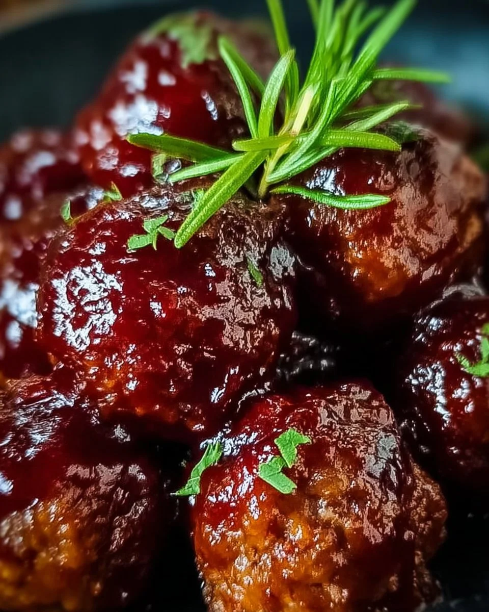 Plate of Cherry-Coded Cranberry BBQ Meatballs garnished with herbs.