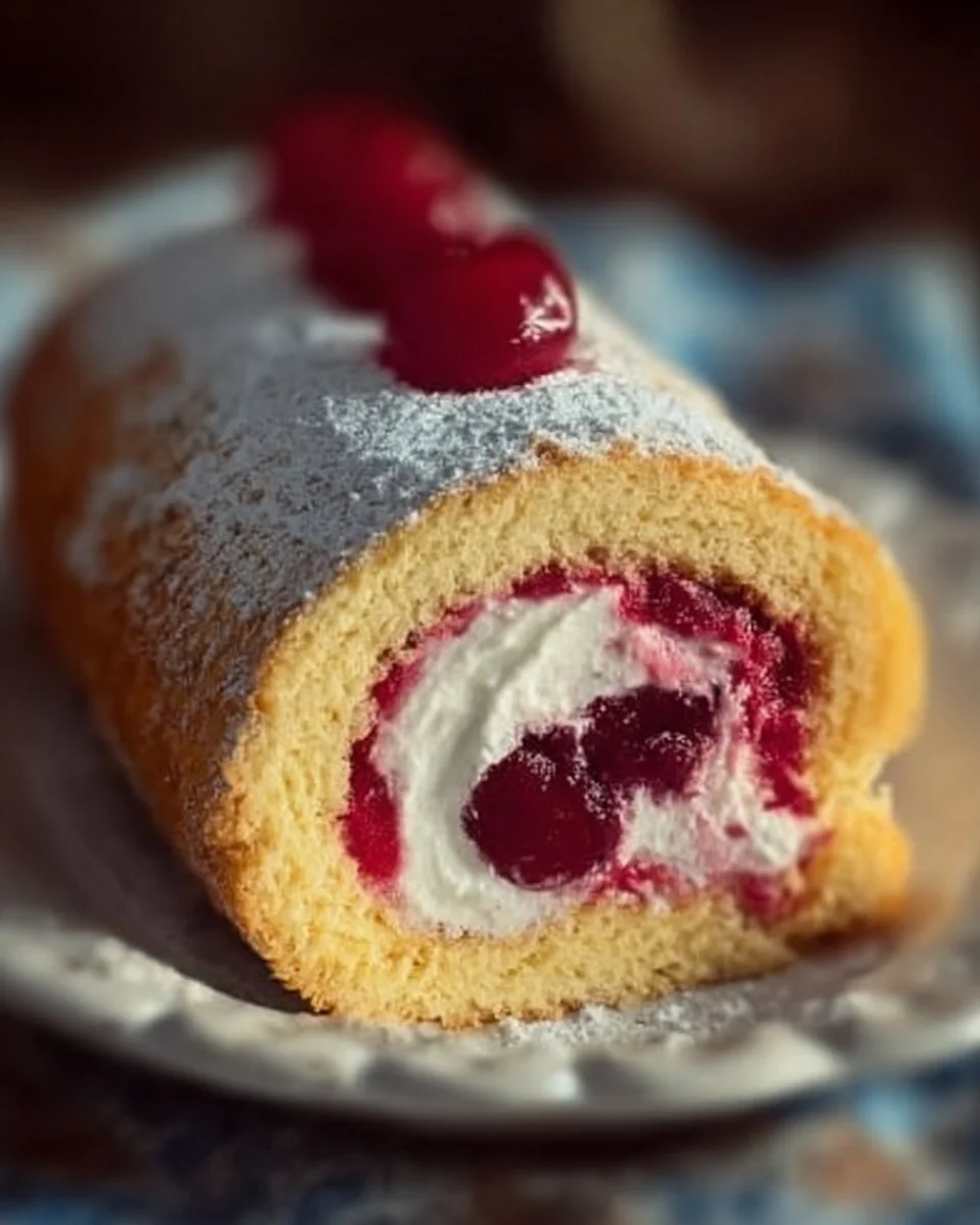 Delicious cherry cream Swiss roll dessert with cherry filling and cream layer