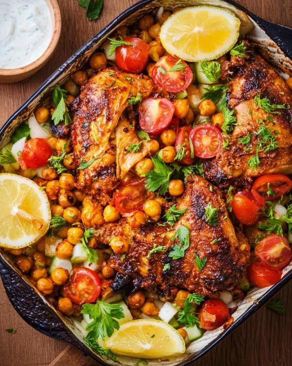 Chicken and Chickpea Shawarma Traybake served on a rustic wooden table