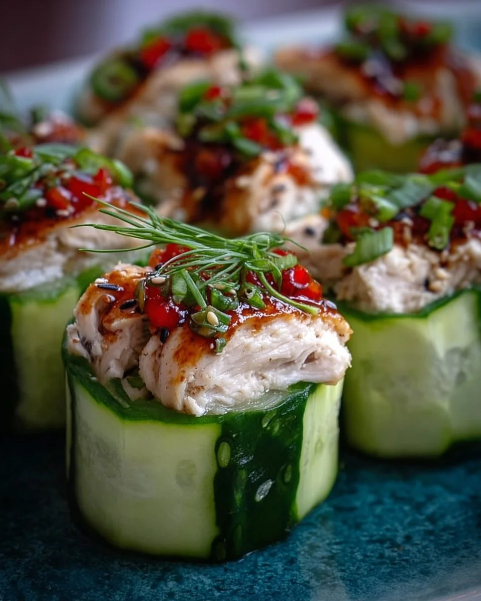 Delicious Chicken Cucumber Rolls served on a platter for a healthy appetizer.