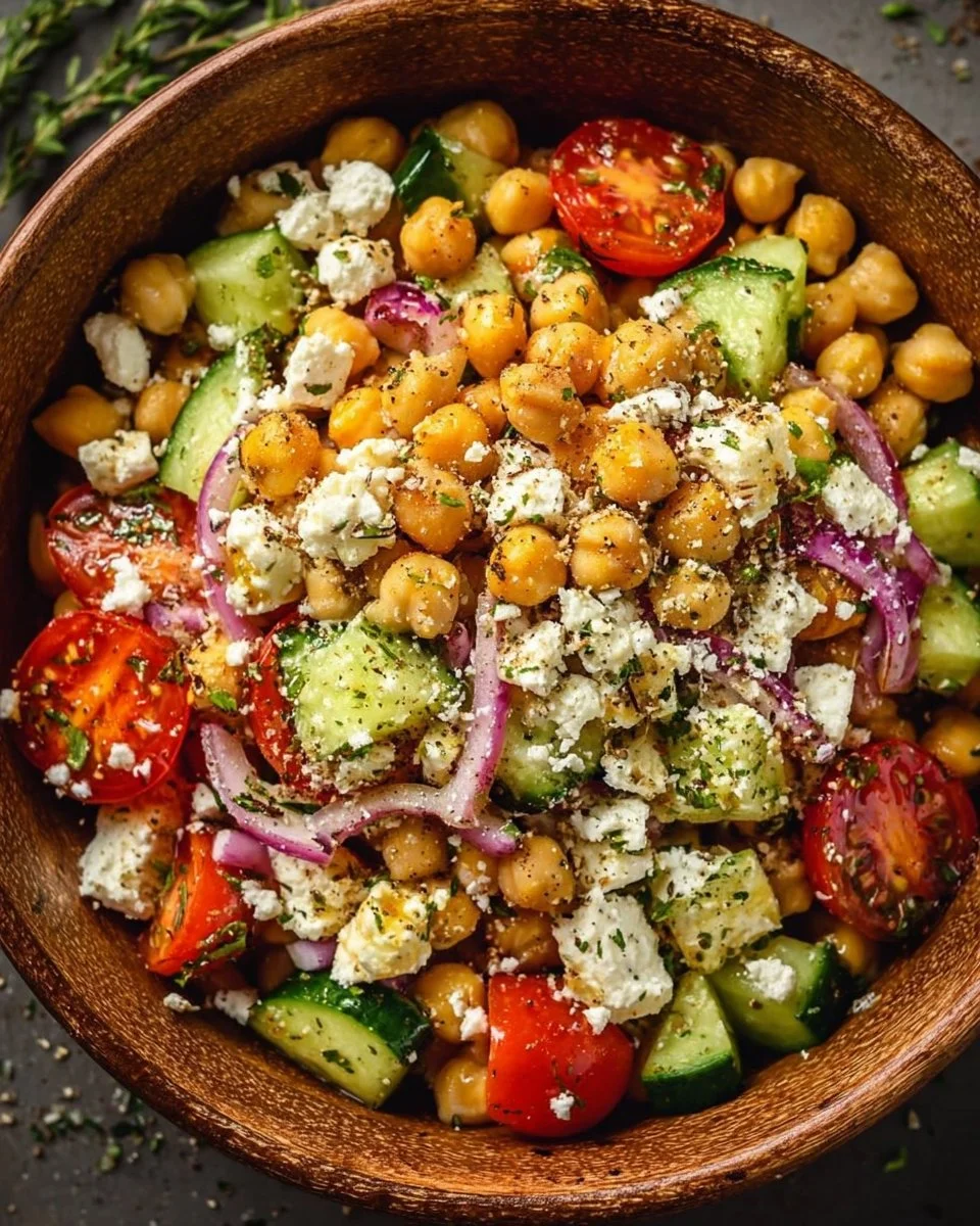 Chickpea Feta Bowl with fresh vegetables and herbs