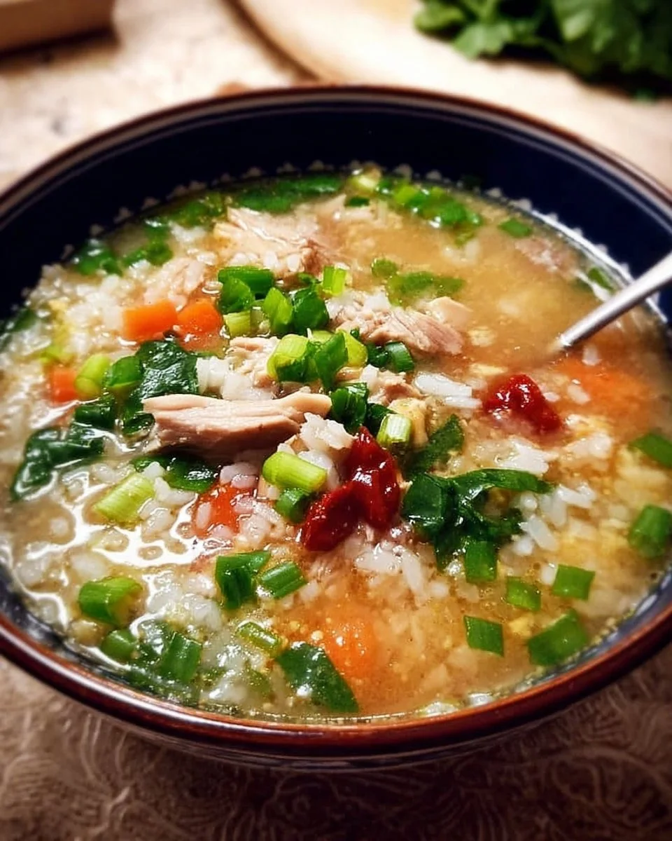 Bowl of Chinese rice soup with fresh herbs and vegetables
