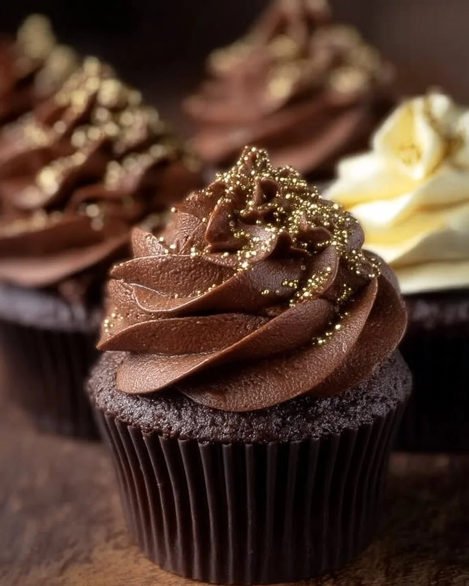 Delicious chocolate cupcakes decorated with gold accents for a luxurious touch.