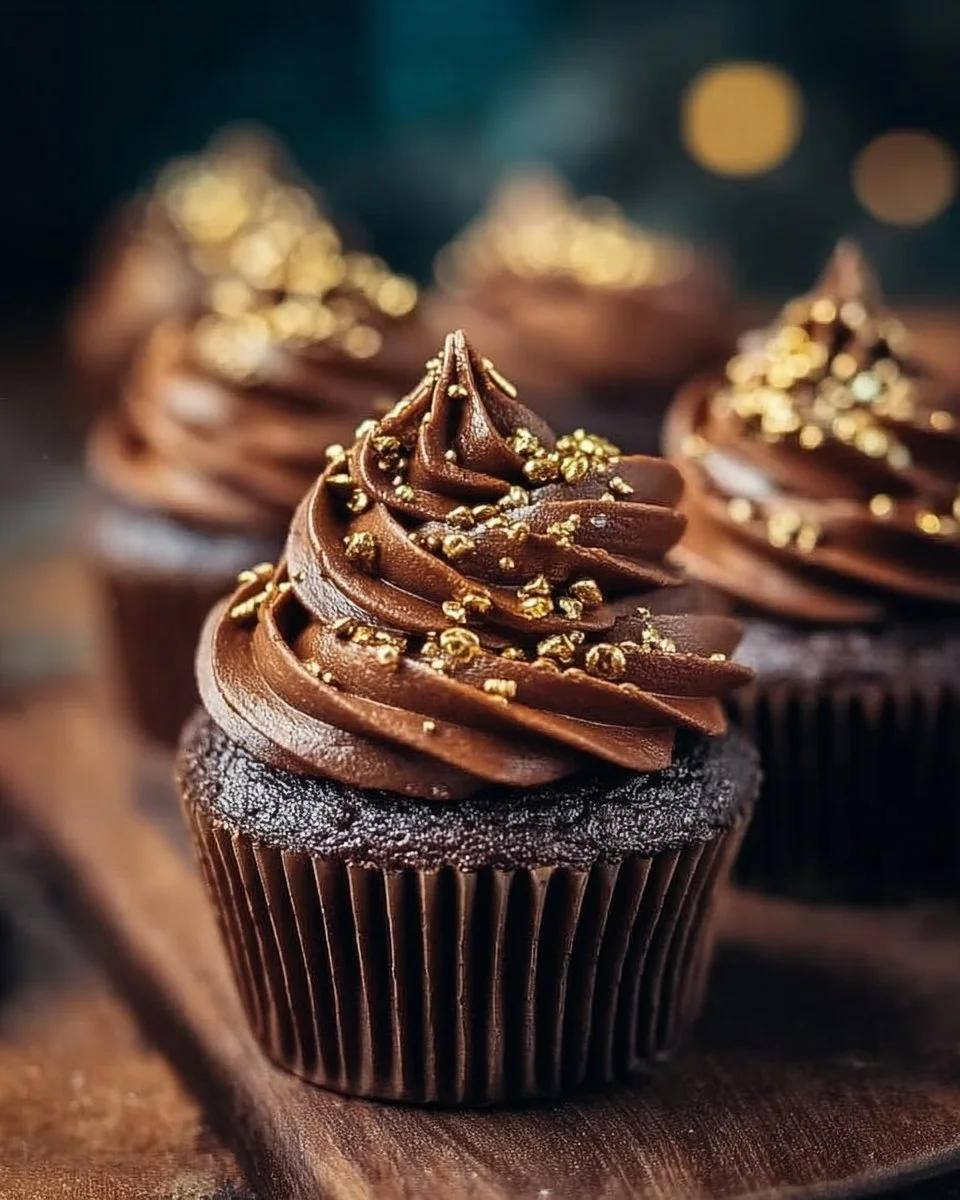Decadent chocolate cupcakes with gold accents for a luxurious dessert experience