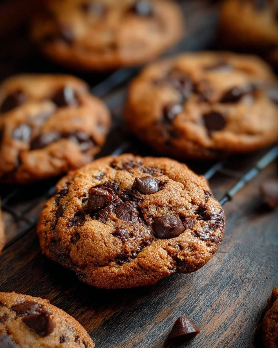 Freshly baked chocolate chip cookies on a cooling rack