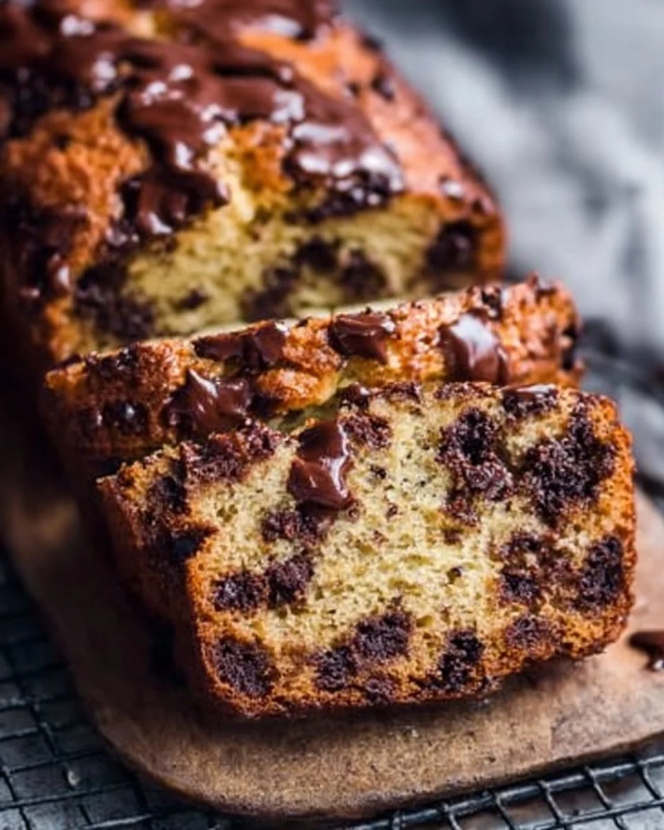 Homemade Chocolate Chip Loaf Cake with chocolate chips on a rustic wooden table