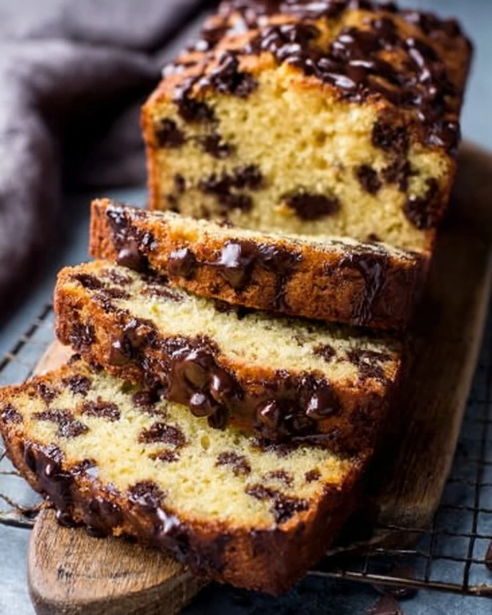 Chocolate Chip Peanut Butter Loaf Cake with slices on a plate