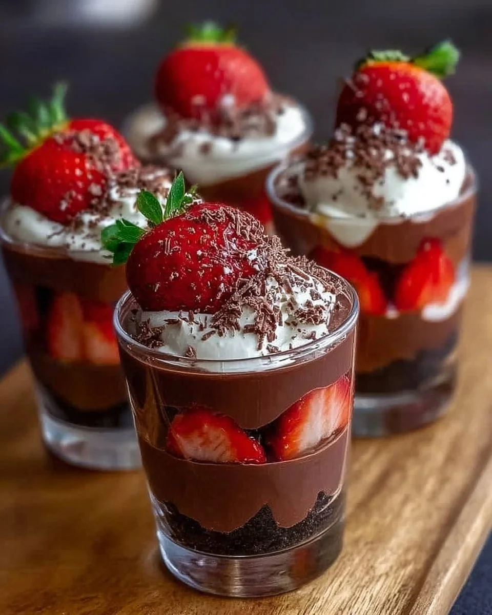 Chocolate strawberry cake shooters in elegant glasses