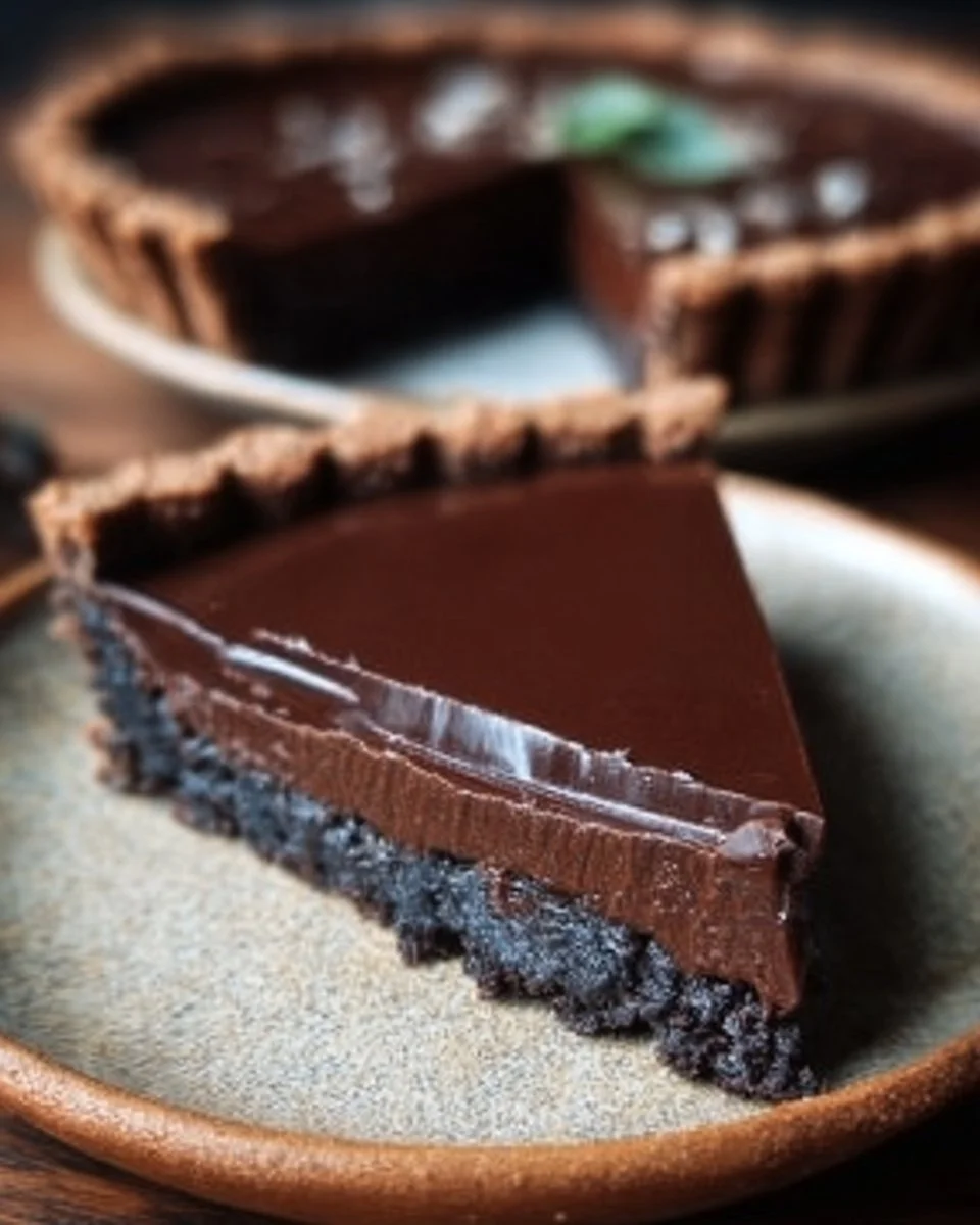 Delicious homemade chocolate tart with a glossy chocolate glaze and fresh strawberries
