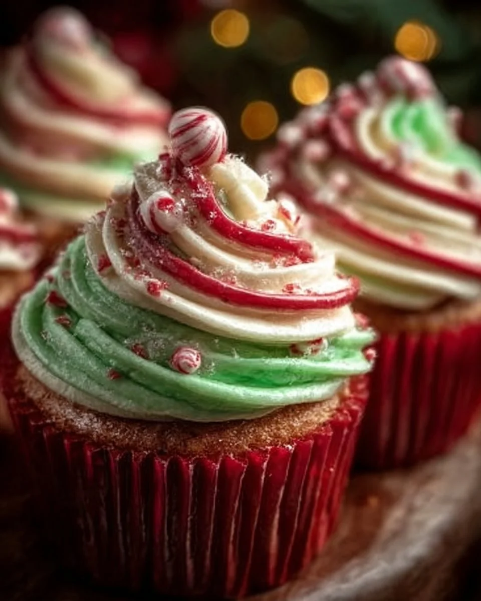 Festive Christmas Candy Swirl Cupcakes decorated with colorful icing and sprinkles