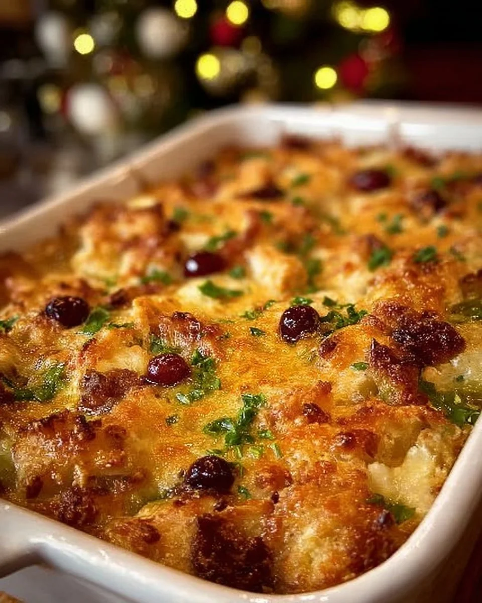 Delicious Christmas Casserole served on a holiday table.