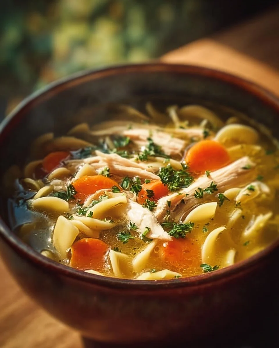 Bowl of classic chicken noodle soup with fresh herbs and noodles