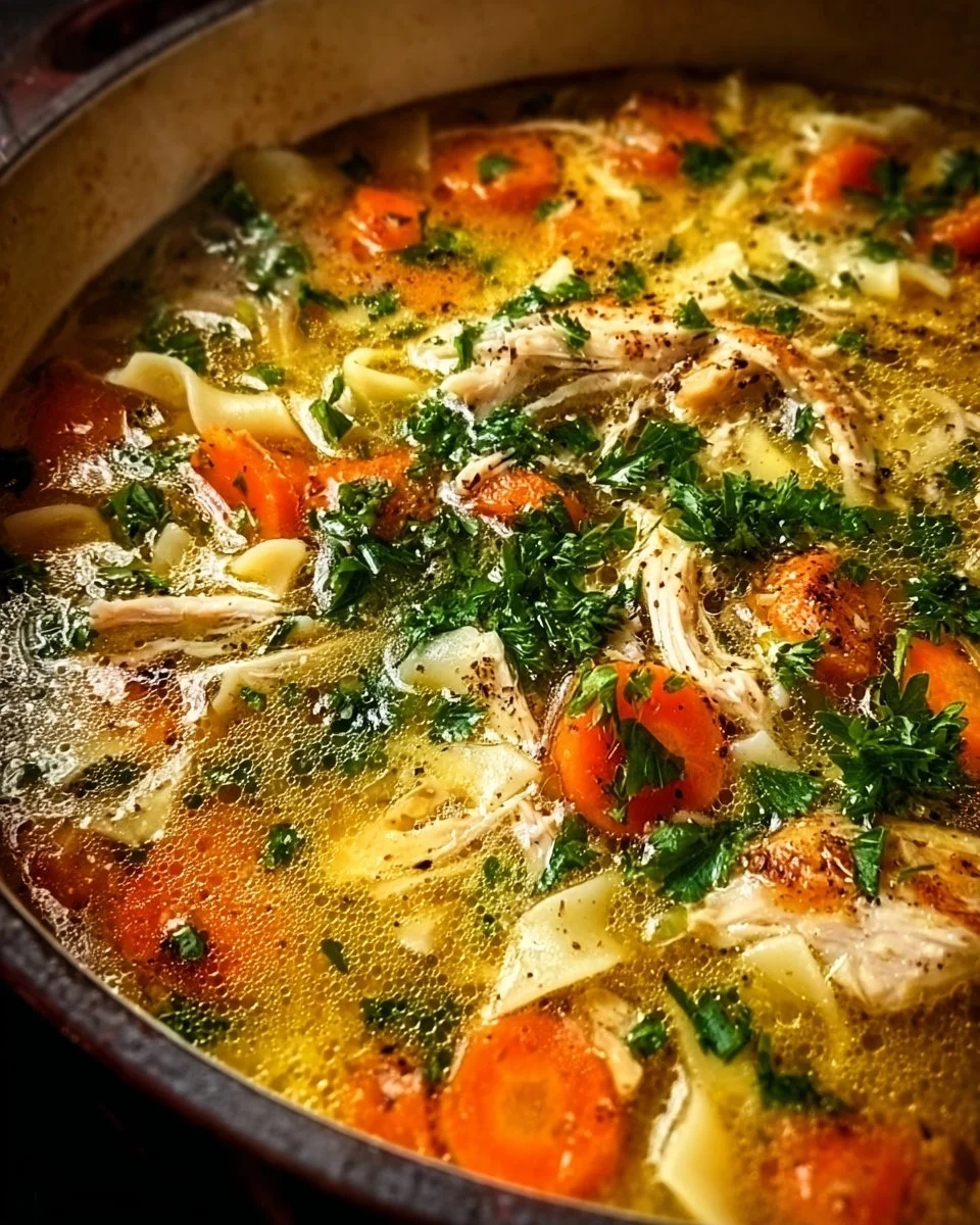 Bowl of classic chicken soup with vegetables and herbs, perfect for comfort food.