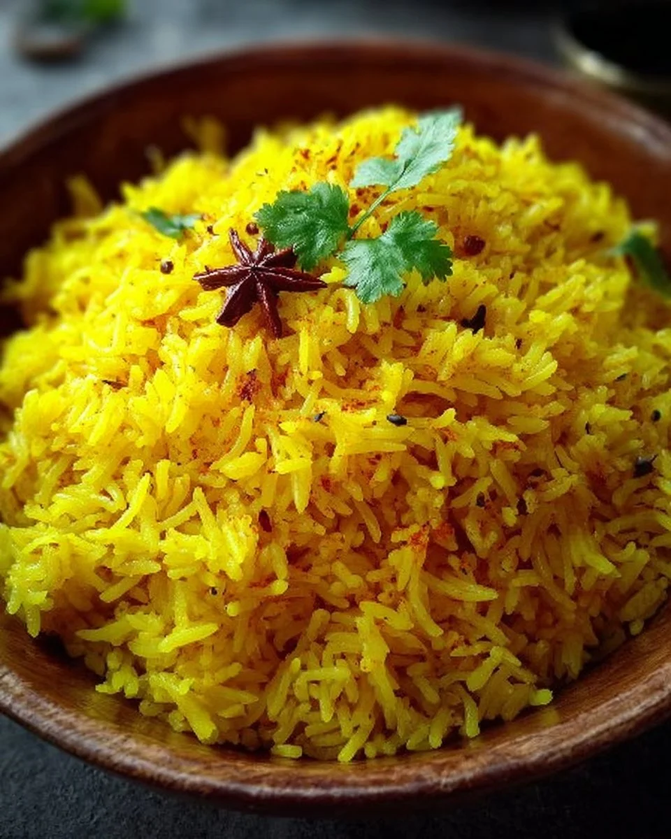 Bowl of Coconut Turmeric Rice garnished with herbs and spices.